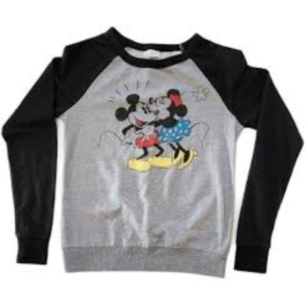 Disney Mickey and Minnie Mouse Sweatshirt Women's L Gray Black Graphic Crew Neck